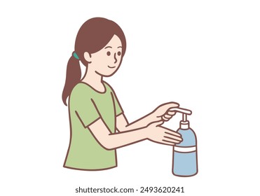 Child girl wash hands with hand sanitizer to avoid contaminating. Hand drawn style vector design illustrations.