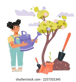 Child girl watering tree in the garden, flat vector illustration isolated on white background. Kids spring outdoor gardening and planting activity banner layout.