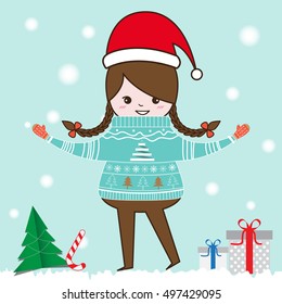 Child girl wearing warm winter clothes on the snow with christmas gifts.