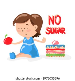 Child girl, woman with apple, refuses cake. The concept of healthy food without sugar and sweets. The idea of ​​a diet and healthy food for a diabetic.