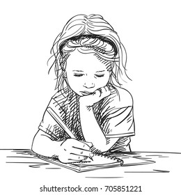 Child Girl Writing In Note Book With Chin On Hand, Vector Sketch, Hand Drawn Illustration With Hatched Shades