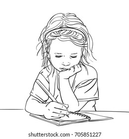 Child girl writing in note book with chin on hand, Vector sketch, Hand drawn line art illustration