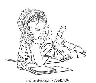 Child girl writing in note book while lying on floor, Vector sketch, Hand drawn line art illustration