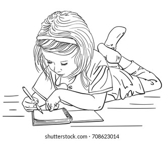 Child girl writing in note book while lying on floor, Vector sketch, Hand drawn line art illustration