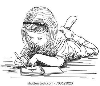 Child Girl Writing In Note Book Big A Letter While Lying On Floor, Vector Sketch, Hand Drawn Illustration With Hatched Shades