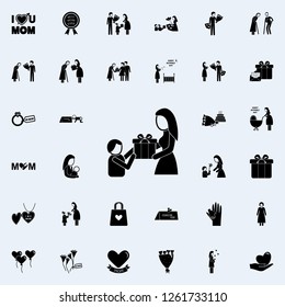 the child gives a gift to mom icon. Mother's Day icons universal set for web and mobile