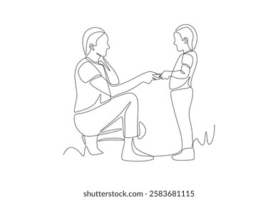 Child gives gift to mother. Mother's day concept one-line drawing