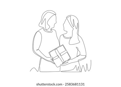 Child gives gift to mother. Mother's day concept one-line drawing