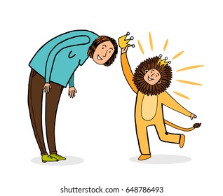 The child gives his mother a crown. Illustration about a woman's self-esteem.