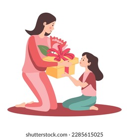 The child gives his mother gift. Vector cartoon illustration for Mother's Day or birthday. 