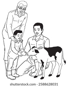 A child gives milk to a calf in the company of his grandfather and father at a cattle farm.