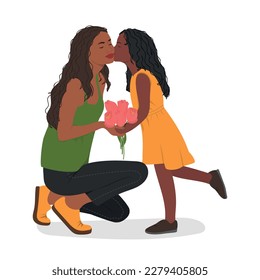 Child gives mother a bouquet of tulips.Happy Mother's Day. Daughter kissing her mother 