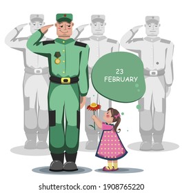 A child gives a soldier a flower in honor of the holiday of the twenty-third of February. Against the background of a company of soldiers. The soldier smiles and looks at the girl.