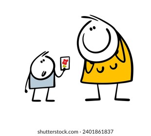 Child gives sweet gift for mothers Day. Glad doodle woman looks admiringly at  son and  flower drawing. Vector illustration of happy woman and love. Isolated cartoon characters on white background.