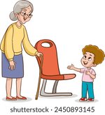 The child gives way to the grandmother on public transport. Manifestation of goodness. Good deeds. Vector illustration