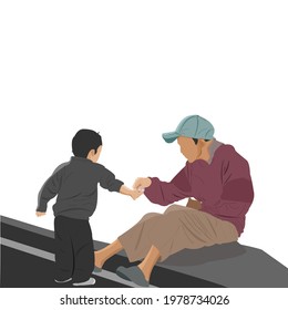 A child giving alms to parents by the side of the road (beggar)
