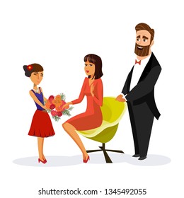 Child giving Bunch of Flowers Vector Illustration. Mothers Day, Birthday, Anniversary Concept. Mom Getting Bouquet of Asters. Mother, Father and Daughter Flat Drawing. Parents Cartoon Characters