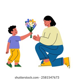 Child giving flowers to happy mom. Flat minimalist illustration. Ideas for Mother's Day cards, family-themed projects, social media, and heartfelt designs.