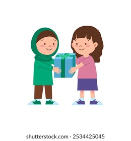 A child is giving a gift to another child