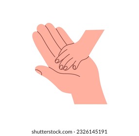 Child giving little small hand to big palm of adult parent. Care, support, help, trust and love concept. Father and kid relationship, protection. Flat vector illustration isolated on white background