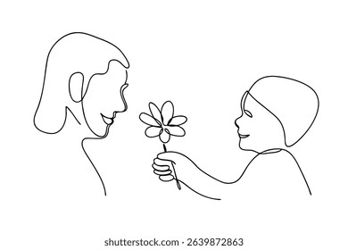 Child giving mother flower single line drawing minimalist art