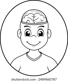 A child with a glass skull through which you can see the brain, biology lesson illustration for children, black and white vector illustration.