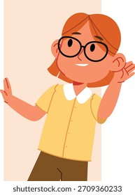 Niño con gafas, tazas de oreja, sombreado plano limpio y contornos audaces. La juventud inclina la cabeza, mano a oreja, Formas geométricas y Gradientes lisos, Ilustración vectorial de dibujos animados