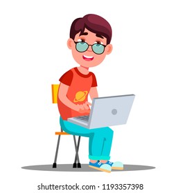 Child In Glasses At The Laptop Vector. Isolated Illustration