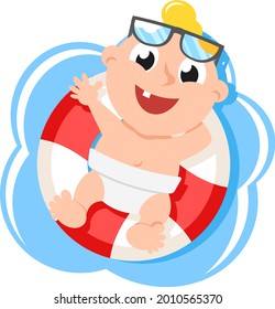 A child in glasses lies on an inflatable circle waving and smiling on a white background. Summer time