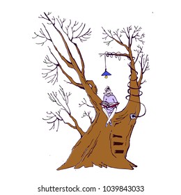 child in glasses on a tree sits and reads a red book. vector illustration