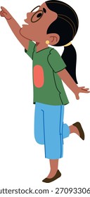 Niño con gafas apunta hacia arriba, vista lateral, sombreado plano y líneas limpias. El niño levanta el brazo y la pierna, las Formas lisas y el contorno audaz. Ilustración vectorial de dibujos animados