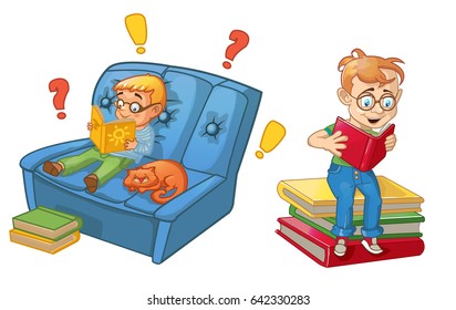 A child in glasses reads a book sitting on a soft sofa with a cat, a boy is sitting on a pile of books and reads a book, a cartoon vector illustration for children, set