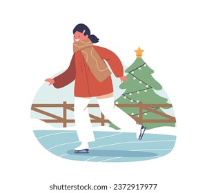 Child Glides Across The Glistening Ice Rink, Her Rosy Cheeks Beaming With Joy. Little Girl Character Enjoying Skating