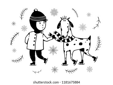 Child and Goat Ice Skating. Vintage black and white kid and goat winter holidays skiing cartoon.