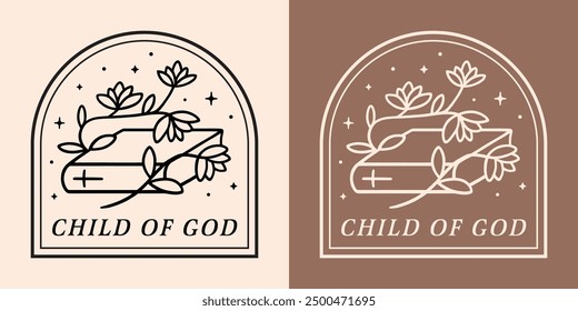 Child of god illustration sticker badge quotes for godly religious faithful believer blessed Christian girls. Floral book bible retro boho flowers aesthetic women shirt design poster printable vector.