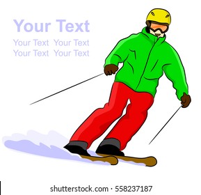 The child goes from the mountain on skis. Color vector illustration.