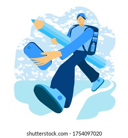 Ve a la escuela. El niño va de camino a la escuela con una mochila en los hombros. Un estudiante feliz sostiene un lápiz y un teléfono en su mano para hacer un selfie. Ilustración vectorial dibujada a mano 3 d