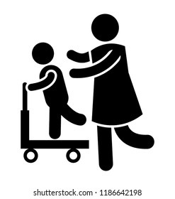 A child is going on a flat iron type vehicle and mother is trying to hold kid carefully denoting scooter training 