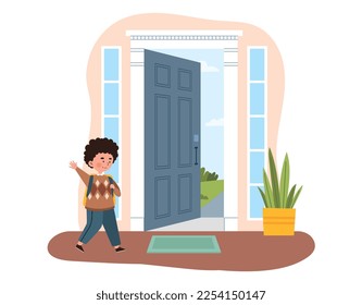 Child going to school. Boy with backpack leaves house and waves his hand. Education, learning and training. Spring and summer season. Guy leaves open house door. Cartoon flat vector illustration