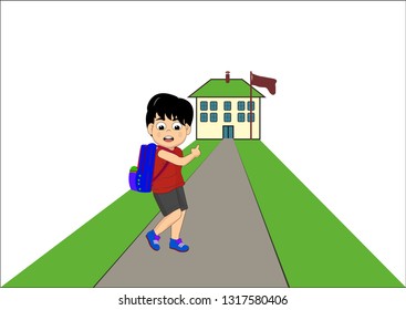 child going to school. a boy showing his school. backpack with a student. boy carrying his school backpack.  Cute boy in uniform going to school. Vector illustration 