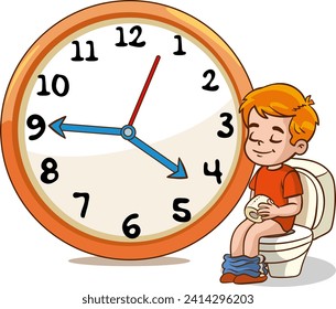 child going to the toilet.Daily routine with simple clocks.Vector set with kid. Funny cartoon character. Vector illustration