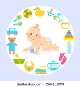 Child in good mood vector, kid crawling,  holding toy. Plush bear and train, duck and bottle with milk for feeding, pins with hearts and bowl with meal