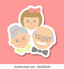 Child with grandparents on a pink background. Grandmother and grandfather with granddaughter. Vector illustration of family group of people isolated on white background in flat style. 