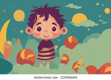 Gráfico infantil, niño de pie y sonriendo, nubes para niños