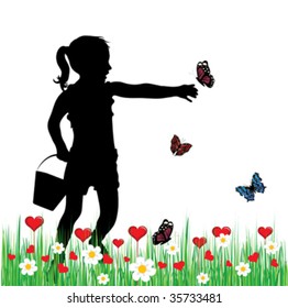 child in grass and  butterflies, vector