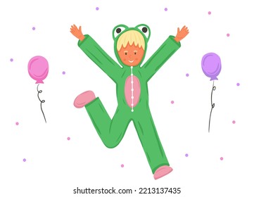 Child In Green Frog Kigurumi Pajama. Birthday Onesie Party 