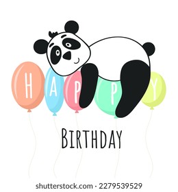 Child greeting card happy birthday. Banner with panda on balloons. Flat design, vector illustration