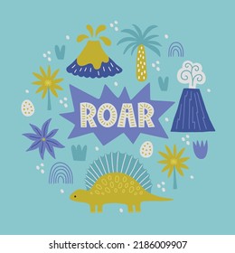 Child greeting card with palm tree, dinosaur, egg, rainbow, volcano, grass on turquoise background. Circle ornament. Perfect for seasonal holidays and nursery decoration. Vector illustration