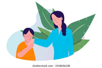 child greets mother by kissing her hand with cartoon flat style vector design illustration