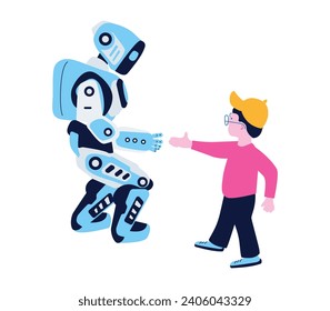 Child greets  robot.Handshake between a human and a robot.Cooperation between humans and robots. Modern technological capabilities.